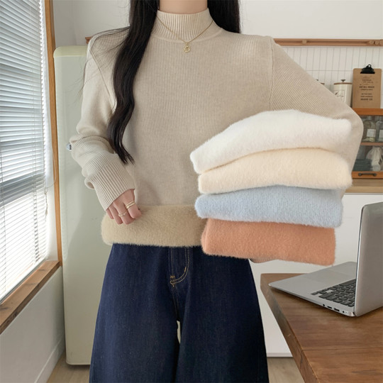 Suseyiku Autumn and Winter Korean Style Warm and Thickeneded Loose-Fitting One-Piece Velvet Half-Turtleneck Andy Velvet Knitwear for Women