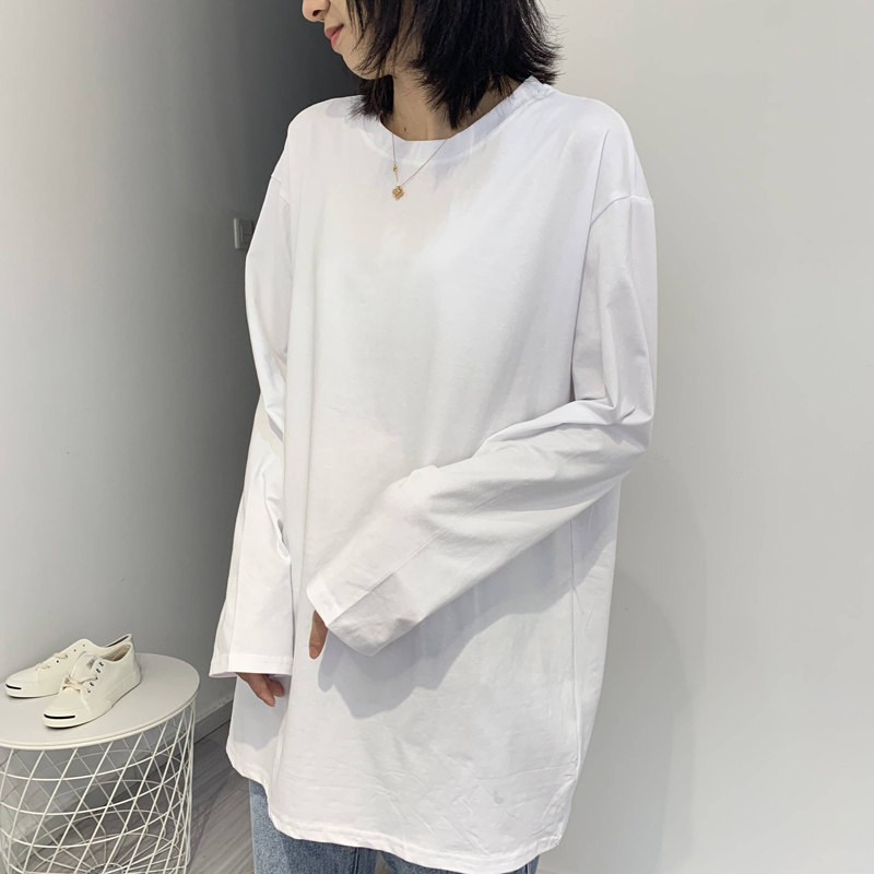 Spring and autumn new cotton top loose and wild white inner tie base shirt solid color long sleeve T-shirt female student female