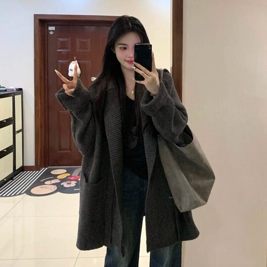 Suseyiku lazy style loose hooded knitted cardigan large pocket raglan sleeves thickened warm sweater jacket