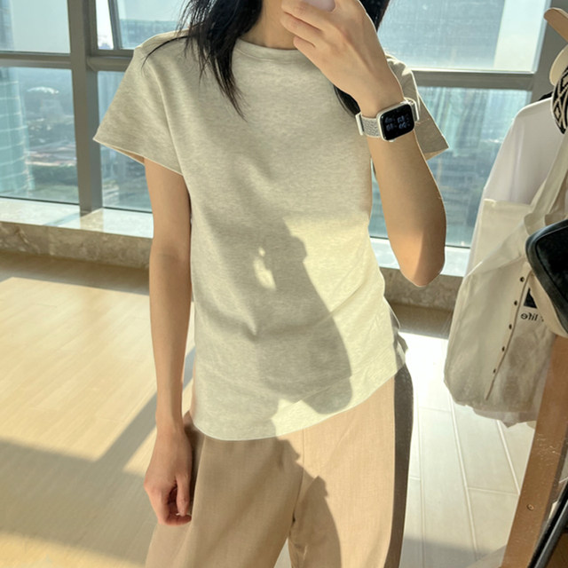 High-end cotton shoulder short-sleeved T-shirt women's summer casual all-match top slim fit and thin basic texture bottoming shirt