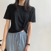  Black cross-knotted short design sense short-sleeved t-shirt womens Korean ins tide niche simple slim-fit top