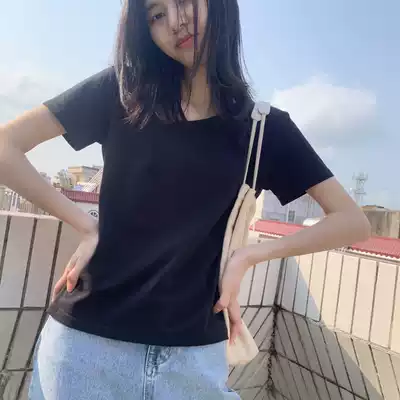 Hollow V neck black short sleeve T-shirt female 2021 summer new Korean T-shirt slim Joker ins white top