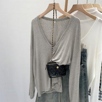 Loose, Slimming, Lazy Style, Thin, Deep V-Neck, Long-Sleeved Base T-Shirt for Women, Spring and Summer Air-Conditioning Sun Protection Cover-Up Top