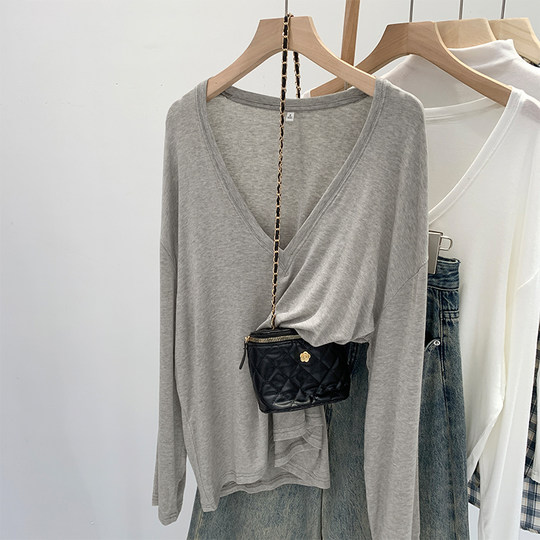 Loose, Slimming, Lazy Style, Thin, Deep V-Neck, Long-Sleeved Base T-Shirt for Women, Spring and Summer Air-Conditioning Sun Protection Cover-Up Top