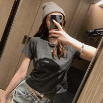  Summer short-sleeved short-sleeved slim-fitting T-shirt womens round neck casual student all-match color striped Western style high-waist bottoming shirt