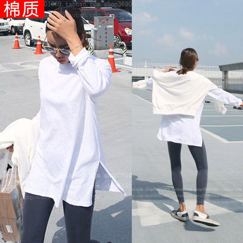 Spring and autumn large size in long version of undershirt loose long sleeve pure cotton printed T-shirt female open fork Korean version of the hitch boom
