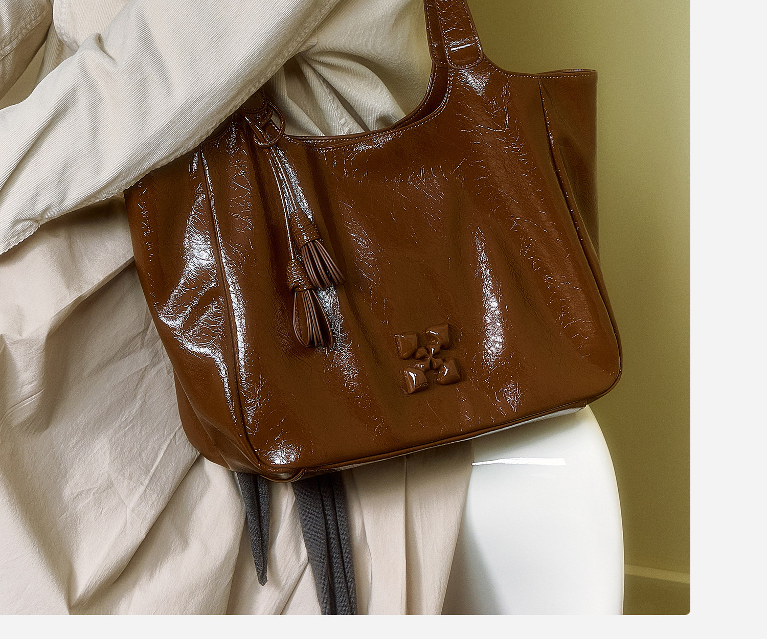 JACD Amber Brown Synthetic Leather Magnetic Snap Tote Bag