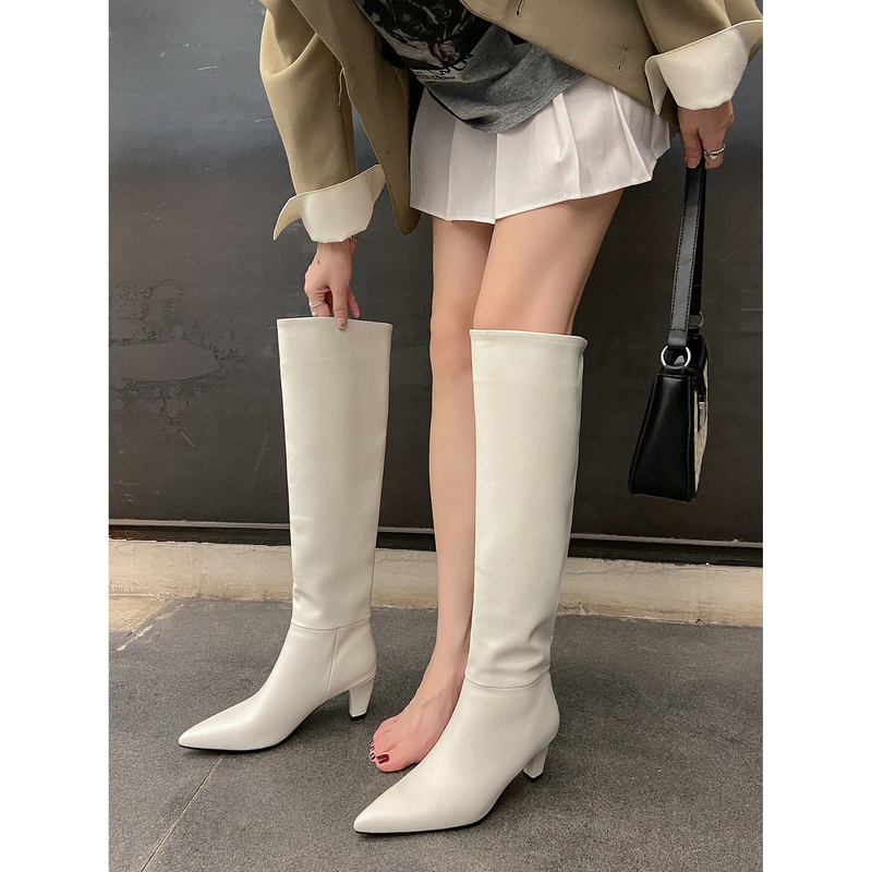 White Genuine Leather Pointed Toe Long Boots for Women, New 25 Model, Kitten Heel Long Boots, High Heel Wide Calf Riding Boots, High Tube Slouch Boots