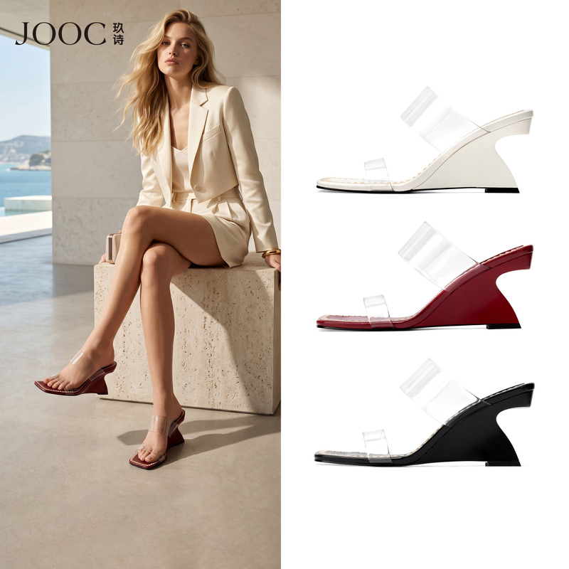 Jooc Nine Poetic Wedge Fashion Square-Toe Transparent Chunky Heel Slippers 2026 Summer New Irregular Heel Open-Toe Sandals for Women