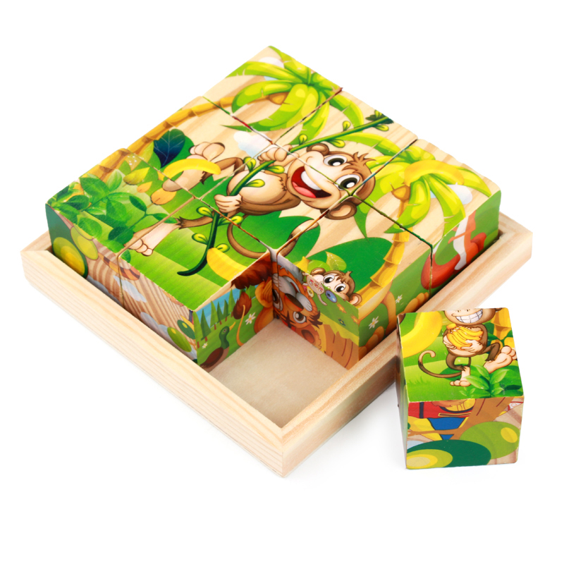 Woody Six Painted 9 Grain Jigsaw Children Building Blocks Baby Toddler Toy Boy Girl girl 3-4-5-6 years old