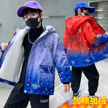 Boys' winter coat with velvet and thickened 2022 new Chinese pupils to overcome the long blast street in children's thin cotton clothes