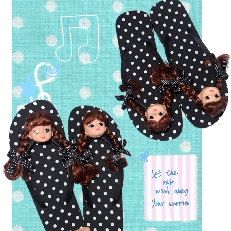 Sunlight Desire Original Barbie Doll Slippers Black Base with White Polka Dots Girly Beach Vacation Non-Slip Flip-Flops