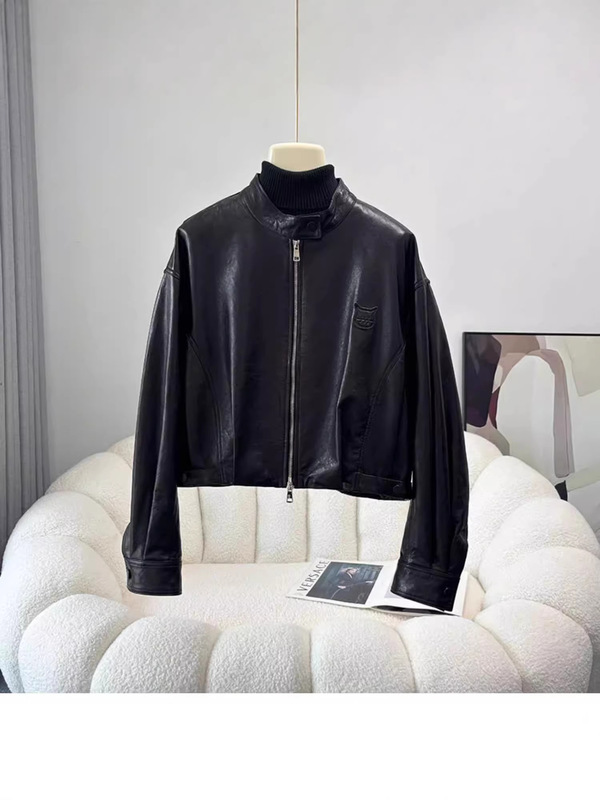 2026 Spring New Short Simple Genuine Leather Jacket for Women, Sheepskin Stand Collar High Waist Biker Jacket for Petite Figures
