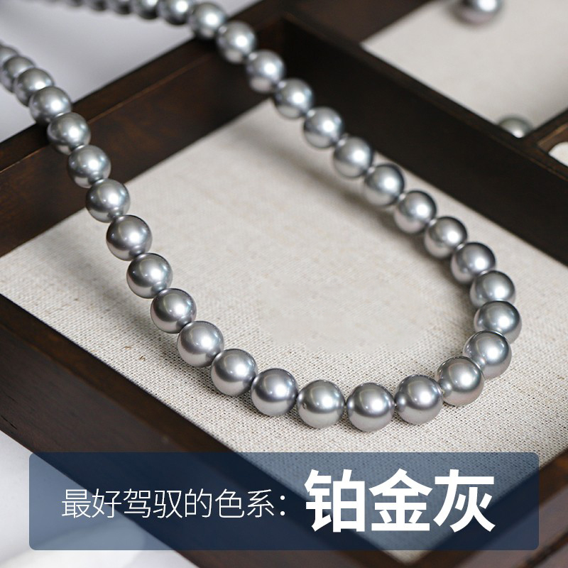 [Platinum Gray Can Be Worn by Anyone] Natural Tahitian Seawater Pearls with Strong Luster, Perfectly Round Full-Pearl Necklace