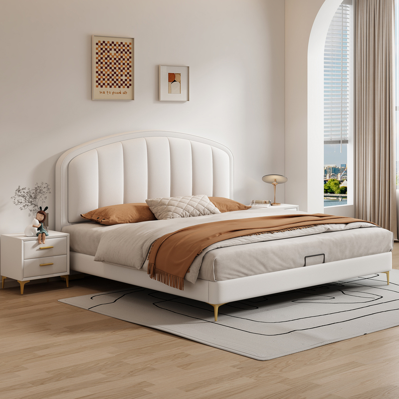 Cream-Style Leather Bed, Light Luxury Master Bedroom, 1.8m Double Storage Beds, Modern Simple Small Apartment, 1.5m Solid Wood Wedding Bed