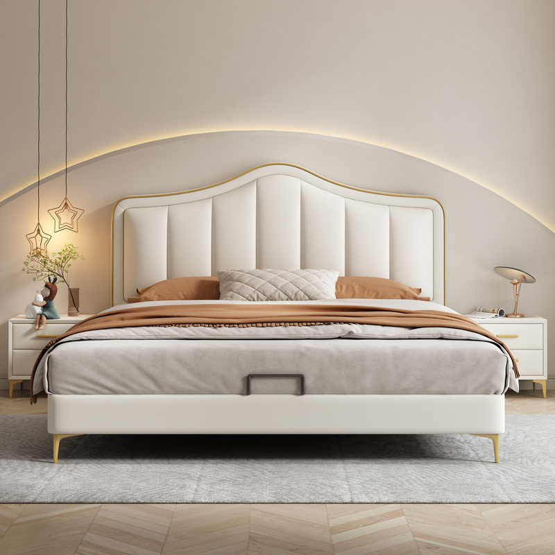 Genuine Leather Bed for Master Bedroom, 1.8m Storage Double Leather Bed with Storage, Simple and Modern, 1.5m Light Luxury Cream Style Solid Wood Wedding Bed