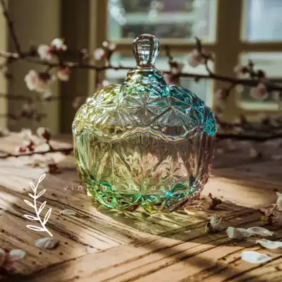Export French embossed glass Colorful gradient with lid Glass Candy dried fruit snack storage tea jar Jewelry box