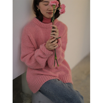 5SISS cardigan early spring round neck pullover mohair sweater loose solid color wool top