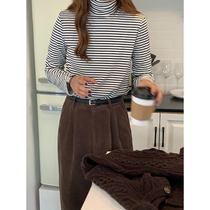 5siss 2022 Winter Korean minimalist striped undershirt woman 100 lap high collar display slim long sleeve T-shirt