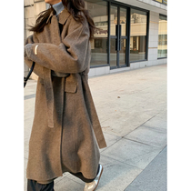 5siss 2021 Winter new retro curry wool bifacial long jacket in the feminine temperament texture