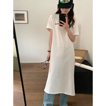5siss letter printed short sleeves t-shirt girl Han edition loose straight tube appears thin over knee dress summer