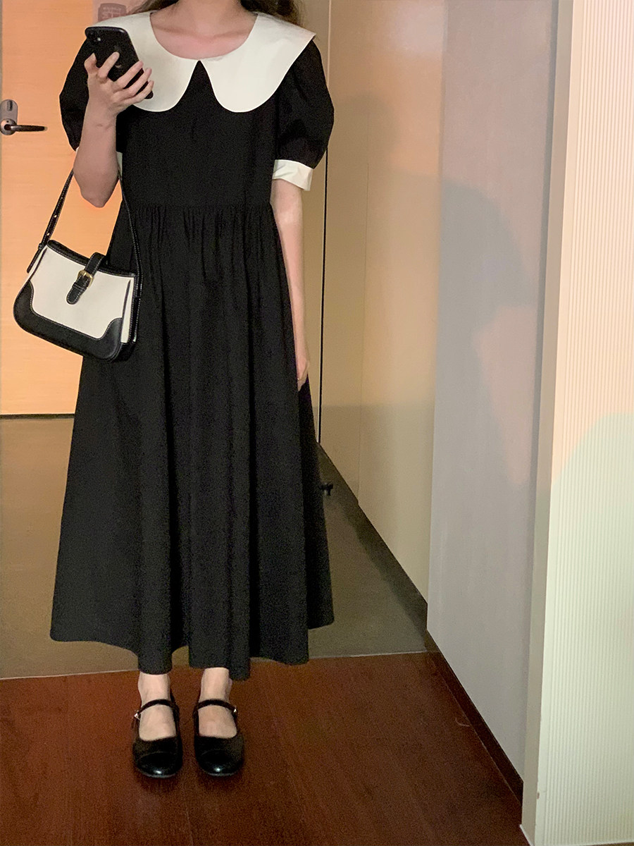 5siss French Hepburn style contrast color doll collar dress female waist slimming puff sleeve mid-length skirt summer