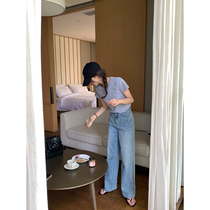 5siss made old retro - wash blue jeans female Summer Han version of high waist straight pants appear thin drag underpants small