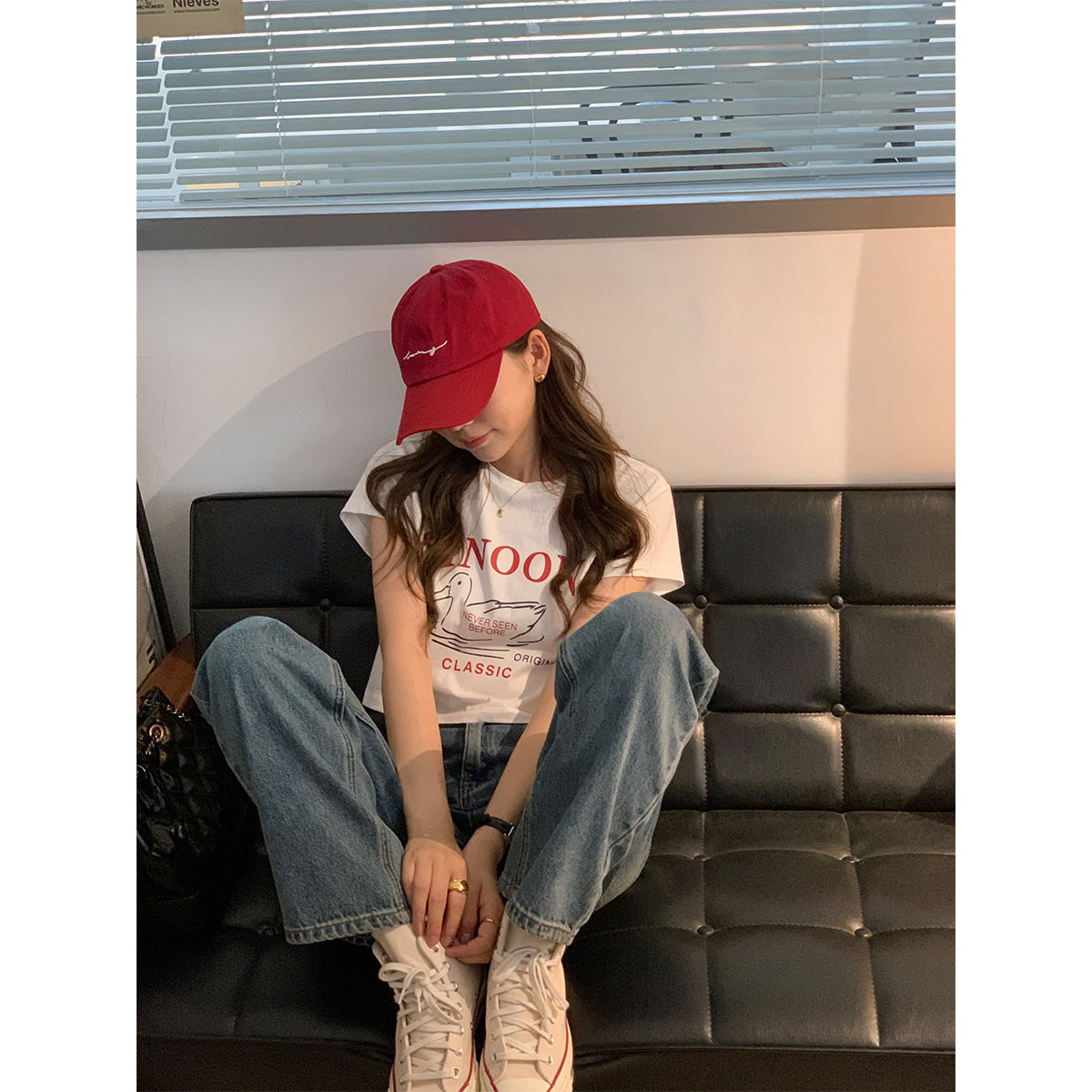 5siss Fun Printed Front Shoulder T-Shirt Women's Short Summer Korean Style Loose Waist Hot Girl Cotton Short Sleeve Top