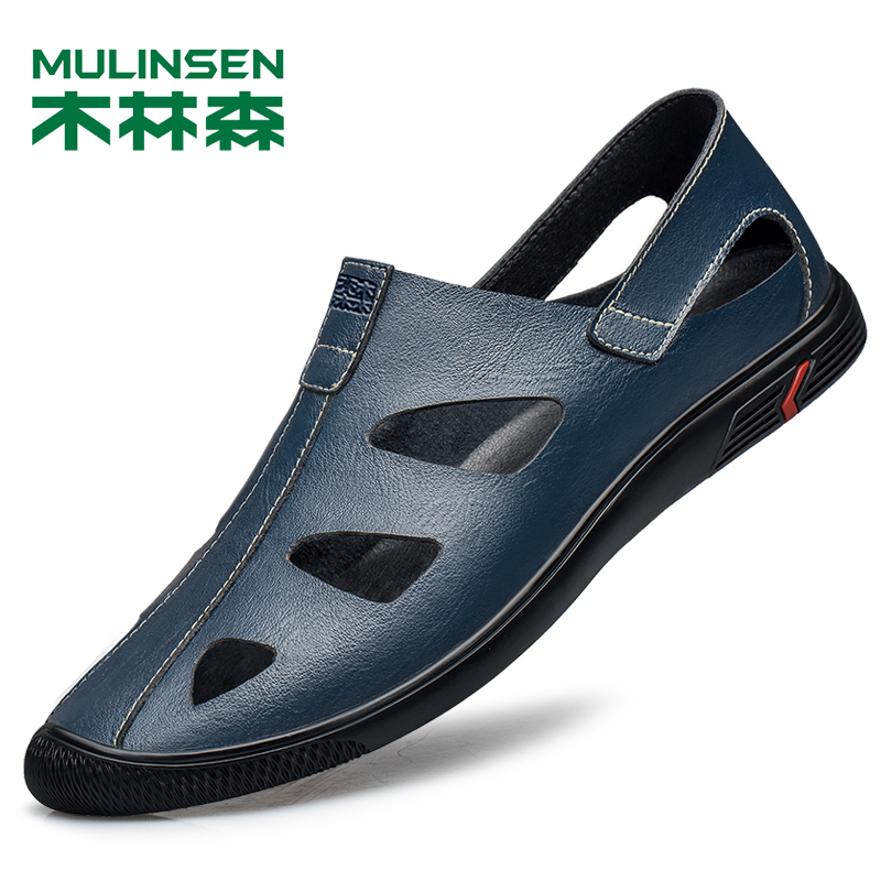 Wood Linson Men Sandals Sandals Summer Genuine Leather Breathable Beach Shoes Men Outwear Casual Soft Bottom Baotou Hollowed-out Dongle Shoes