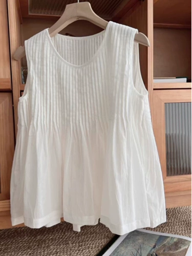 Белая рубашка без рукавов, небольшая дизайнерская майка топ, жилет с круглым воротником, тренд сезона, из хлопка и льна