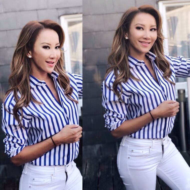 Li Min's Kaia Wang and Meghan's Same Style Blue and White Striped Long-Sleeved Printed Shirt, Fresh and Breezy Nautica Style Loose Shirt