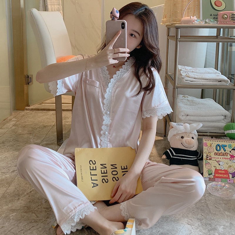 Spring and summer pajamas women's summer ice silk thin short-sleeved trousers sexy ladies lace suit silk two-piece spring and autumn