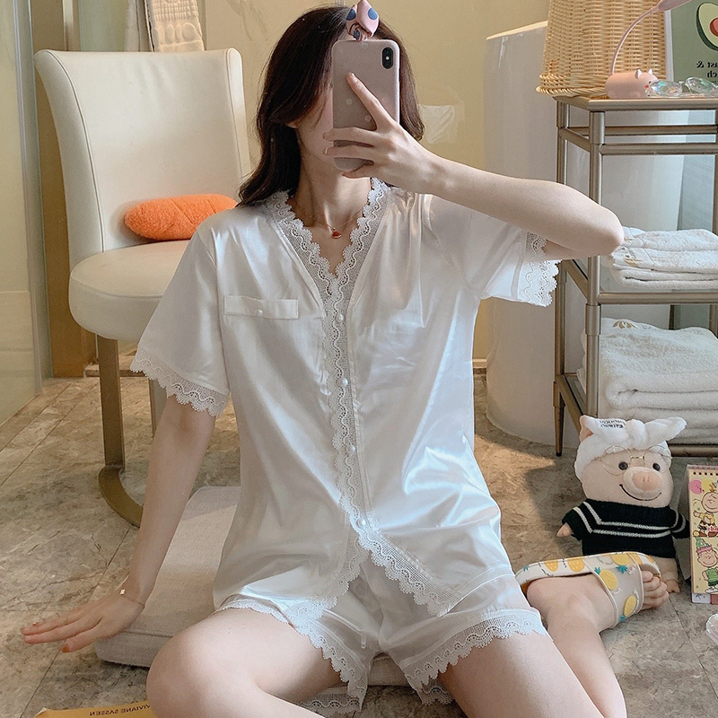 Very fairy pajamas women's summer ice silk sexy short-sleeved suit foreign style age reduction net red hot style white silk two-piece set