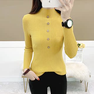Autumn and winter new style long-sleeved versatile stretch high-neck slim button soft core-spun yarn bottoming sweater top women's clothing