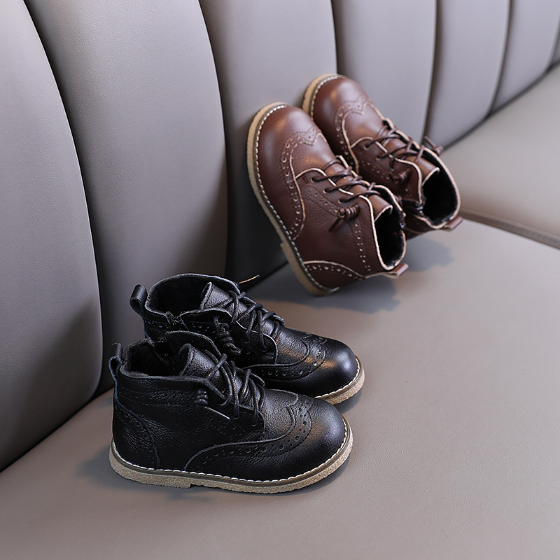 Boy Martin boots Inn leather shoes winter style genuine leather Inn wind plus suede thickened winter two cotton black low gang 2 years old