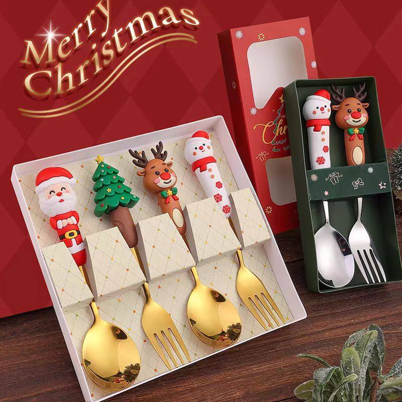 New Christmas Spoon and Fork Cutlery Set Cartoon Stainless Steel Kidsren's Eating Spoon and Fork Creative Christmas Gift