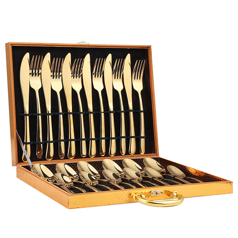 304 Stainless Steel Knife, Fork, and Spoon Set, Light Luxury High-End Gold Knife and Fork Gift Box, High-Value 24-Piece Western Tableware Set