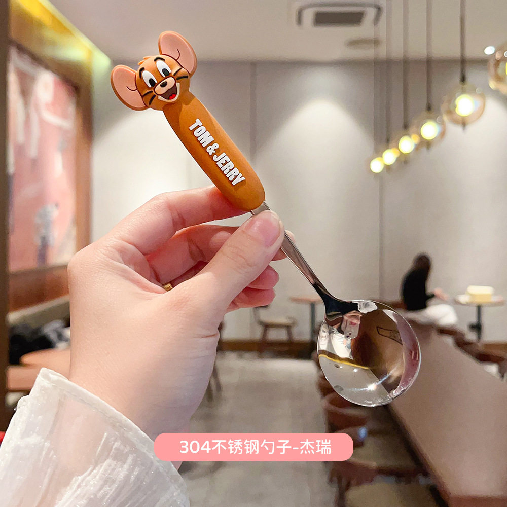 Tom and Jerry Spoon and Fork Co-Branded Tableware 304 Stainless Steel Food-Grade Spoon, Fork, and Chopstick Set for Children