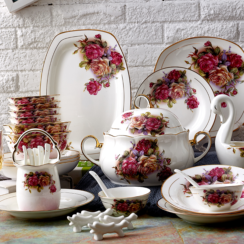 Eurostyle upscale Bone Porcelain Tableware Suit Bowls Dish chopsticks Home Handcrafted sketch King Jingdezhen Ceramic bowl 58 head gift box