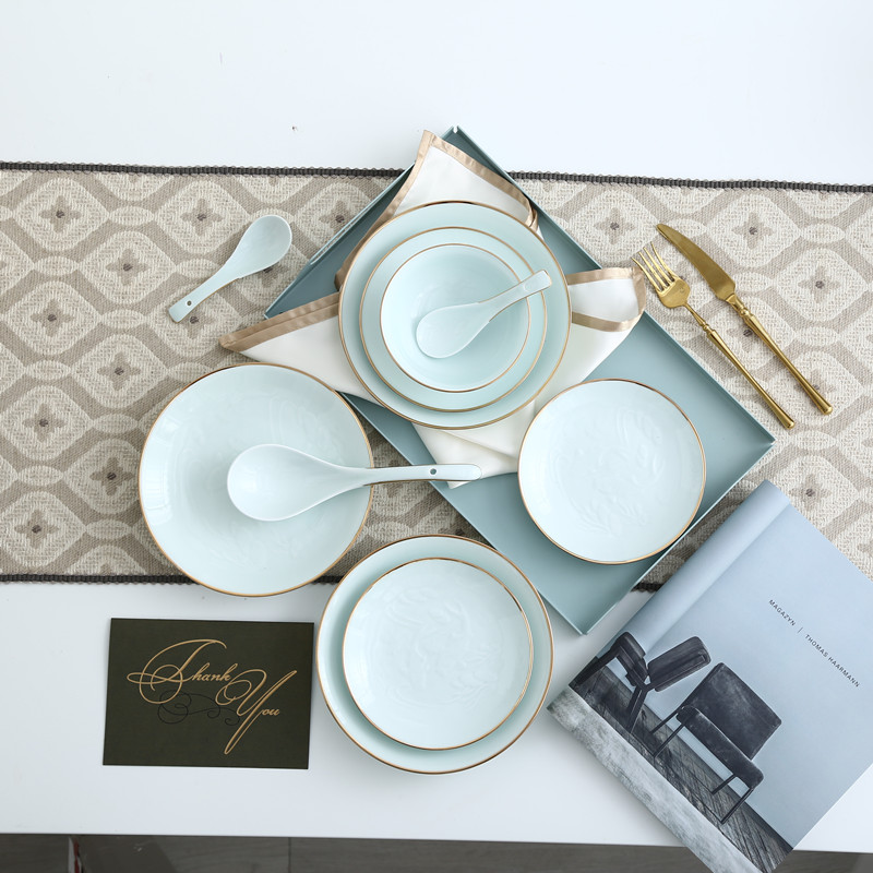 Light glazed white jade porcelain Jingde Ceramic Sculpture Lotus with gold shadow tableware bowl household package European gift