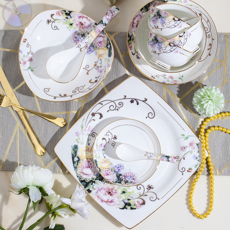 Free with high foot rice bowl dish fish plate 10 inch steak plate spoon high foot noodle bowl Soup bowl European style bone china household