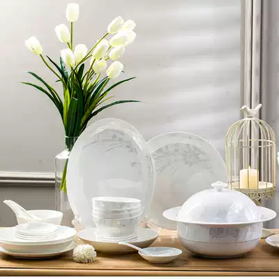 Tableware set bowls and plates Household European-style simple 60-head high-end bone china Jingdezhen ceramic bowl Korean gift health