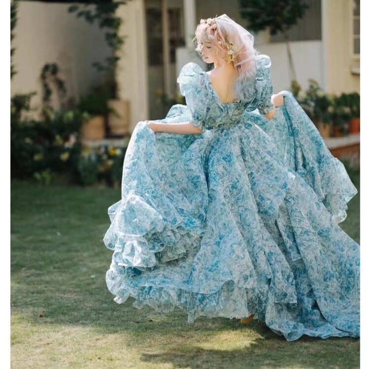 Disney-Inspired Ruffled Print Princess Dress for Adults, Long Dress with Train, Puff Dress for the Beach