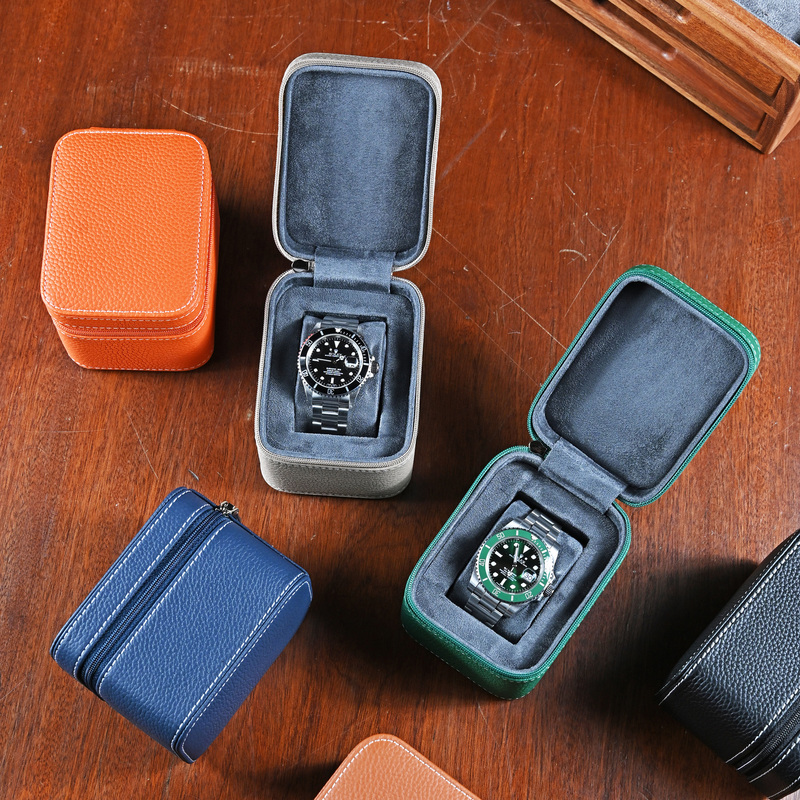 Genuine Leather Watch Portable Case with Zipper, Simple Single-Watch Slot, Square Storage Box, First-Layer Cowhide, Pebbled Pattern Watch Box