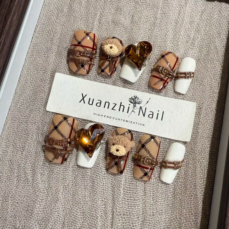 [Burberry Bear] British Autumn and Winter Melard Plaid Belt Plaid Pattern Preppy Style Handmade Wearable Nails