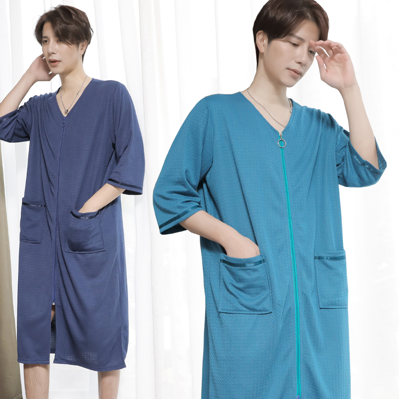 Spring and autumn men's pajamas one-piece large size zipper nightgown thin men's nightdress one-piece softer than pure cotton