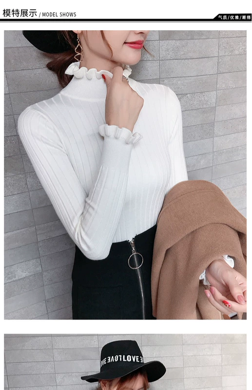 Áo len cổ lọ nửa mùa thu và mùa đông của phụ nữ áo len trắng bó sát đan bằng gỗ tai dài tay áo sơ mi mỏng đáy dày