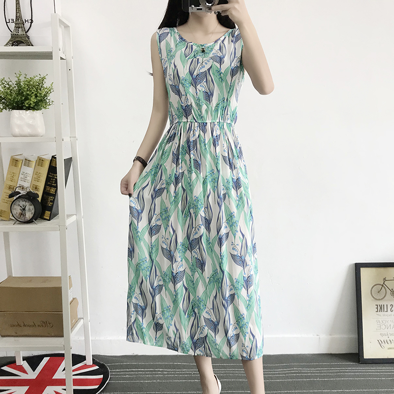 Mùa hè cotton silk dress vest dress hoa nữ bãi biển váy kỳ nghỉ bên bờ biển bohemian cotton silk dress