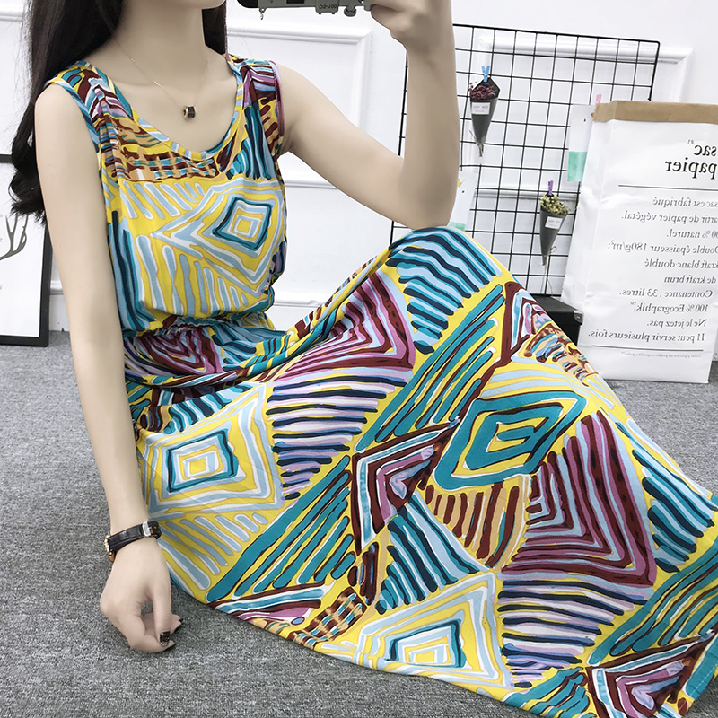 Mùa hè cotton silk dress vest dress hoa nữ bãi biển váy kỳ nghỉ bên bờ biển bohemian cotton silk dress