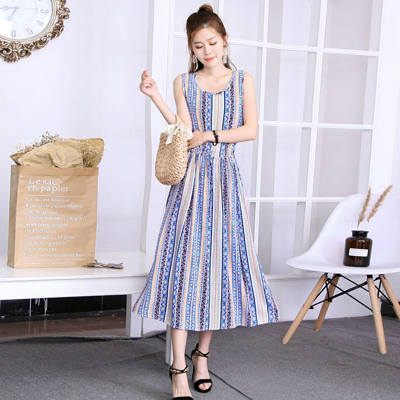 Mùa hè cotton silk dress vest dress hoa nữ bãi biển váy kỳ nghỉ bên bờ biển bohemian cotton silk dress